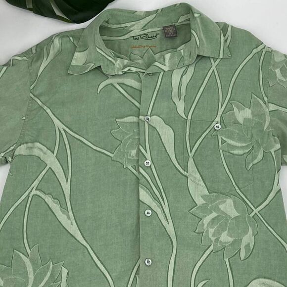 Tori Richards Vintage Hawaiian Print  Aloha Shirt Green/Cream Floral Large - Picture 4 of 5
